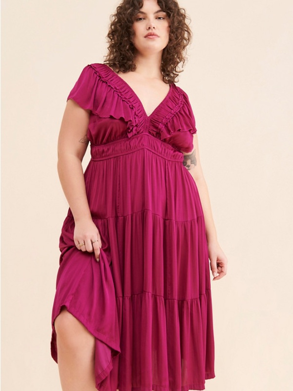 Anthropologie Magenta Ruffled V-Neck Tiered Midi Dress